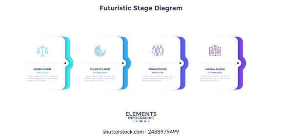 Business model with four paper white rectangular elements placed in horizontal row. Concept of 4 stages of business progress. Minimal infographic design template. Futuristic flat vector illustration.