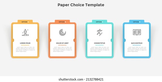 Business model with four rectangular paper white elements or tablets placed in horizontal row. Concept of 4 project options to choose. Minimal infographic design template. Flat vector illustration.