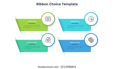 Business model with four ribbons or bookmarks with circles. Concept of 4 stages of startup project development. Modern flat vector illustration for data visualization, business analytics.