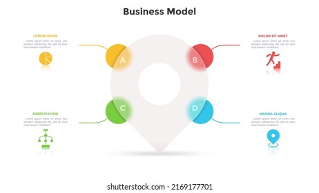 Business model with four round elements behind translucent map pin. Concept of 4 features of location search. Minimal infographic design template. Modern flat vector illustration for presentation.