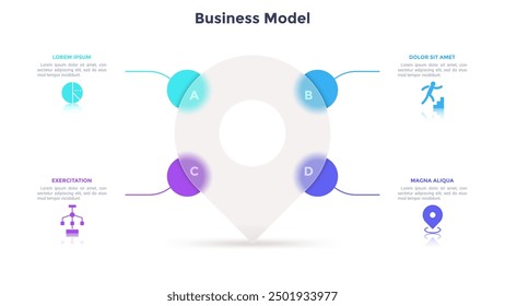 Business model with four round elements behind translucent map pin. Concept of 4 features of location search. Minimal infographic design template. Modern flat vector illustration for presentation.