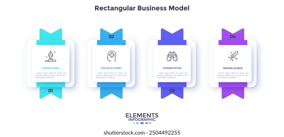 Business model with four square paper white elements with ribbons placed in horizontal row. Concept of 4 steps of startup project development. Infographic design template. Flat vector illustration.
