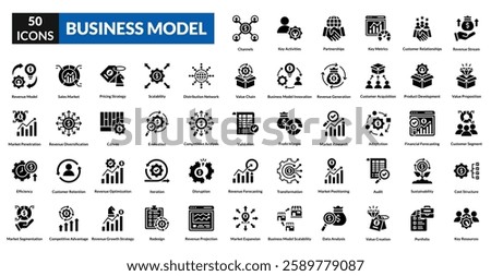 business model glyph icon set collection. Revenue Stream, Value Proposition, Customer Segment, Cost Structure, Key Resources, Channels, Key Activities, Partnerships, Key Metrics