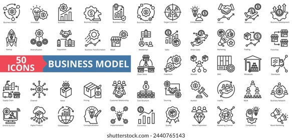 Business model icon collection set. Containing innovation, target customer, strategy, policy, process icon. Simple line vector.