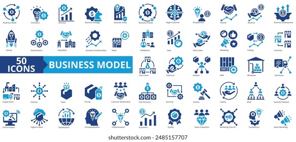 Business model icon collection set. Containing innovation, target customer, strategy, policy, process icon. Simple flat vector.