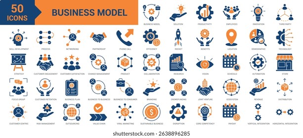 Business Model icon collection set. Containing strategy, solution, productivity, employee, innovation, third party, skill development, value chain, customer-centric, research icon. Simple flat vector