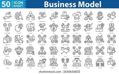 Conjunto de iconos de modelo de negocio colección marketing directo, estadísticas, Revendedor, Cliente leal, ventas, Precios, producto digital, mlm, acquisition, rising, modelo de negocio, conceptual, campaña, socio, cos