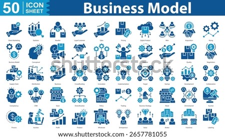 Business Model icon set collection direct marketing, statistics, reseller, loyal customer, sales, pricing, digital product, mlm, acquisition, rising, business model, conceptual, campaign, partner