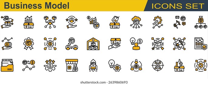 Business Model Icon Set. Containing Business Model,Campaign,Cost,Digital Product,Loyal Customer,Product,Reseller,Revenue,Sales,Startup,Store,Trading,Wholesale. Lineal Color Style