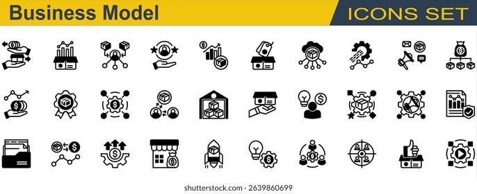Business Model Icon Set. Containing Business Model,Campaign,Cost,Digital Product,Loyal Customer,Product,Reseller,Revenue,Sales,Startup,Store,Trading,Wholesale. Mixed Style