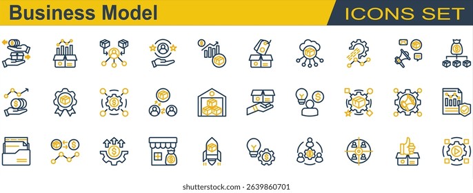 Business Model Icon Set. Containing Business Model,Campaign,Cost,Digital Product,Loyal Customer,Product,Reseller,Revenue,Sales,Startup,Store,Trading,Wholesale. Outline Color Style