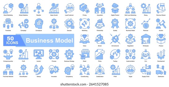 Business Model icon set showcasing key business operations and growth. Featuring sales, strategy, partnerships, revenue streams, pricing models, and innovation. Ideal for startups, pitch decks.