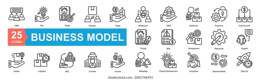 Business Model Icon Sheet CRM, Quality, Pricing, Key, Target, Reseller, Sales, Middleman, CRM, Distributor, Freemium, Cost Per Unit, Logistics, B2C