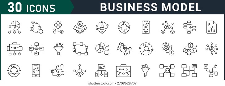 Geschäftsmodellsymbole stellen verschiedene Aspekte der strategischen Planungsdatenanalyse und Prozessvisualisierung dar und bieten einen umfassenden Satz grafischer Elemente für Präsentationen, Websites und Berichte