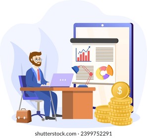 Business model illustration. Concept the man present with whiteboard business model canvas. illustration flat. Corporation company plan written in large paper.