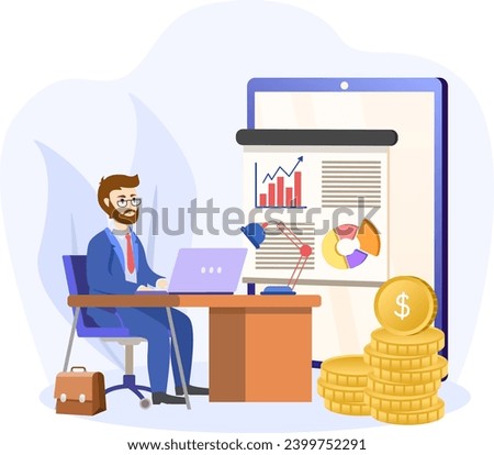 Business model illustration. Concept the man present with whiteboard business model canvas. illustration flat. Corporation company plan written in large paper.