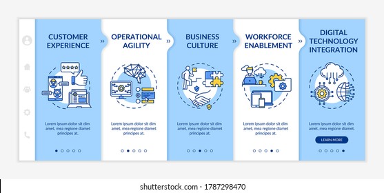 Business Model Improvement Onboarding Vector Template. Operational Agility. Corporate Culture. Responsive Mobile Website With Icons. Webpage Walkthrough Step Screens. RGB Color Concept