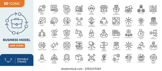 Business Model line editable icon set. Containing Partner, Marketing, Start Up, Business, Retail, Revenue, BMC, businessman, Business Strategy, and more. Vector illustration