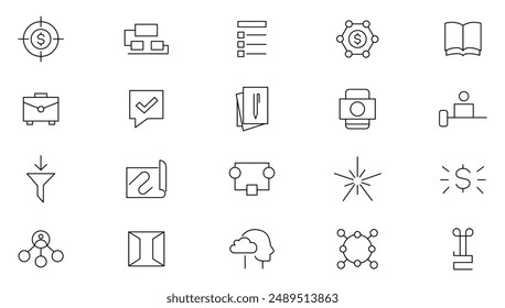 Conjunto de iconos de línea de modelo de negocio. Business Intelligence, visualización, servicio analítico, gestión de riesgos, estrategia, gestión de datos y análisis de la colección de iconos de esquema. Conjunto de iconos de esquema delgado de UI.