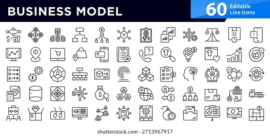 Conjunto de iconos de línea de modelo de negocio. Estrategia, ingresos, Plan, flujo de trabajo, inicio, crecimiento, organización, finanzas, marketing, operaciones, análisis, proyecto, Ilustración vectorial de iconos. Trazo de píxel perfecto