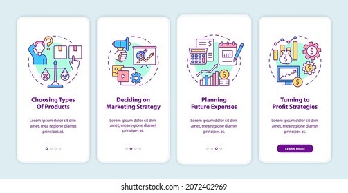 Geschäftsmodell für mobile App-Bildschirme. Firmenservice in 4 Schritten grafische Anleitungen mit Konzepten. UI, UX, GUI-Vektorvorlage mit linearen Farbillustrationen