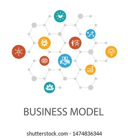 business model presentation template, cover layout and infographics. strategy, teamwork, marketing, solution icons