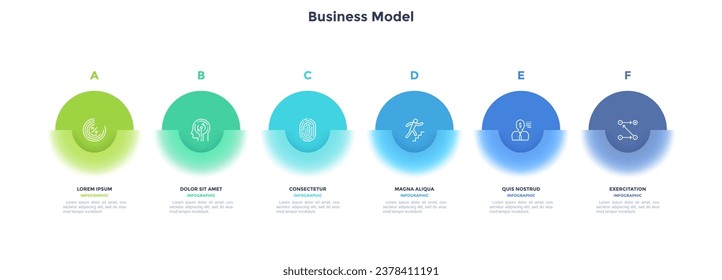 Business model with six colorful circles placed in horizontal row. Concept of 6 stages of startup development. Modern infographic design template. Glassmorphism vector illustration for report.