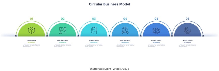 Modelo de negocio con seis coloridos Elementos circulares colocados en fila Horizontal. Concepto de 6 opciones de proyecto de inicio a elegir. Ilustración vectorial plana moderna para análisis de información, Anuncio.