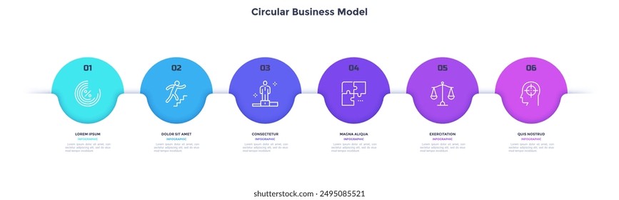 Business model with six colorful circular elements placed in horizontal row. Concept of 6 options of startup project to choose. Modern flat vector illustration for information analysis, banner.
