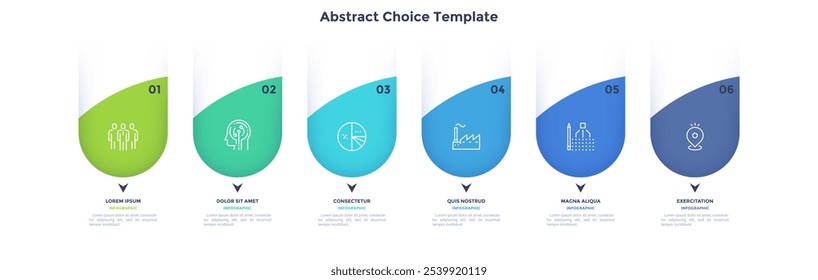 Modelo de negócios com seis elementos circulares coloridos colocados na linha horizontal. Conceito de 6 opções de projeto de inicialização para escolher. Ilustração vetorial plana moderna para análise de informações, banner.