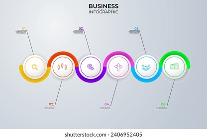  Business model with six connected rounded elements placed in horizontal row. Concept of 6 strategic options of startup project. Simple infographic design template. Modern flat vector illustration.