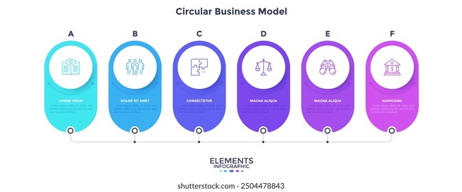 Business model with six connected rounded elements placed in horizontal row. Concept of 6 strategic options of startup project. Simple infographic design template. Modern flat vector illustration.