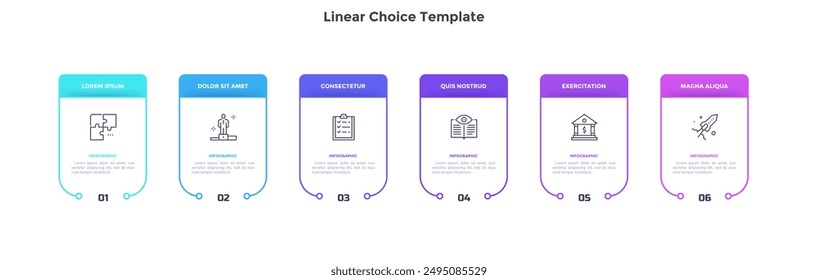 Business model with six linear rectangular elements placed in horizontal row. Concept of 6 features of service provided by company to choose. Simple flat vector illustration for data analytics.