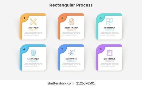 Business model with six paper white square or rectangular elements. Concept of 6 features of startup project. Simple infographic design template. Modern flat vector illustration for presentation.