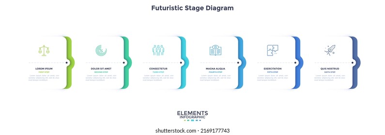 Geschäftsmodell mit sechs weißen rechteckigen Papierelementen in horizontaler Reihe. Konzept von 6 Stufen des Geschäftsfortschritts. Minimale Infografik-Design-Vorlage. Futuristische flache Vektorgrafik.