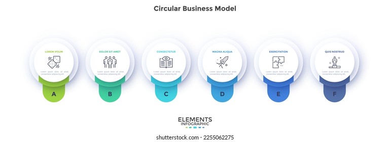 Modelo de negocio con seis elementos redondos blancos de papel o botones colocados en fila horizontal. Concepto de 6 opciones de negocio a seleccionar. Plantilla mínima de diseño infográfico. Ilustración vectorial plana moderna.