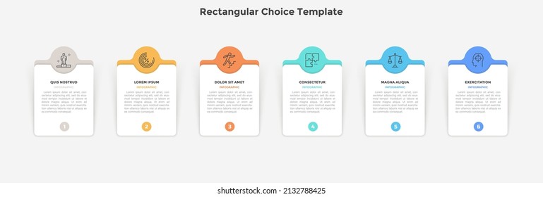 Business model with six rectangular elements placed in horizontal row. Concept of 6 steps of project development progress. Simple flat vector illustration for business data analysis, presentation.