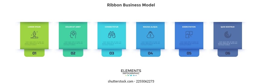 Business model with six rectangular ribbon elements placed in horizontal row. Concept of 6 steps of business strategy. Simple infographic design template. Modern flat vector illustration for banner.