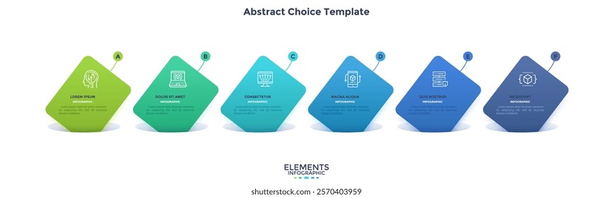 Business model with six rectangular ribbon elements placed in horizontal row. Concept of 6 steps of business strategy. Simple infographic design template. Modern flat vector illustration for banner.