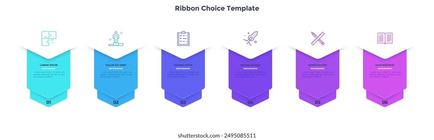 Business model with six ribbons or bookmarks placed in horizontal row. Concept of 6 stages of startup project development. Modern flat vector illustration for data visualization, business analytics.