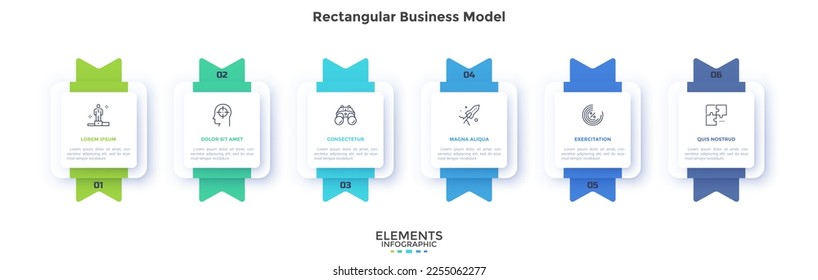 Business model with six square paper white elements with ribbons placed in horizontal row. Concept of 6 steps of startup project development. Infographic design template. Flat vector illustration.