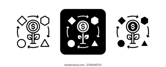Business Model Solid color and black line drawing vector illustration set