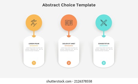 Business model with three abstract round elements placed in horizontal row. Concept of 3 features of strategic process. Minimal infographic design template. Modern flat vector illustration for banner.