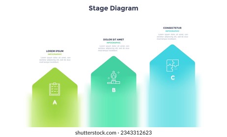 Business model with three arrows or bookmarks placed in horizontal row. Concept of 3 stages of startup project development. Modern vector illustration for data visualization, business analytics.