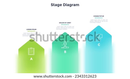Business model with three arrows or bookmarks placed in horizontal row. Concept of 3 stages of startup project development. Modern vector illustration for data visualization, business analytics.