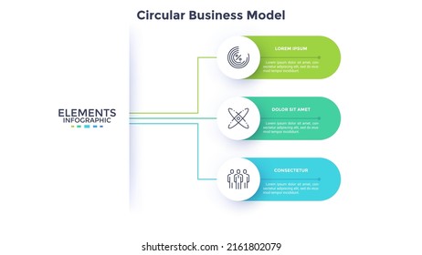 Business model with three circles connected to main element. Concept of 3 features of startup project. Minimal infographic design template. Modern flat vector illustration for data visualization.