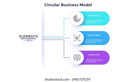 Business model with three circles connected to main element. Concept of 3 features of startup project. Minimal infographic design template. Modern flat vector illustration for data visualization.