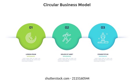 Business model with three colorful circular elements placed in horizontal row. Concept of 3 options of startup project to choose. Modern flat vector illustration for information analysis, banner.