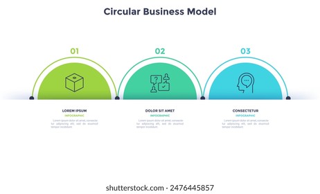 Geschäftsmodell mit drei bunten kreisförmigen Elementen in Horizontaler Reihe. Konzept von 3 Optionen des Startprojekts zu wählen. Moderne flache Vektorillustration für Informationsanalyse, Banner.