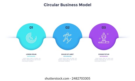 Business model with three colorful circular elements placed in horizontal row. Concept of 3 options of startup project to choose. Modern flat vector illustration for information analysis, banner.